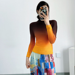 Miyake Áo Sơ Mi Cổ Cao Tay Dài Thiết Kế Xếp Ly Gradient Cho Nữ