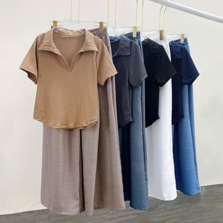 Set Đồ Bigsize Nữ Thanh Lịch Áo Kiểu Polo Cổ Bẻ Vạt Bầu Kèm Quần Đũi Suông Lưng Chun Mềm Mát - SET( G120+Q564)