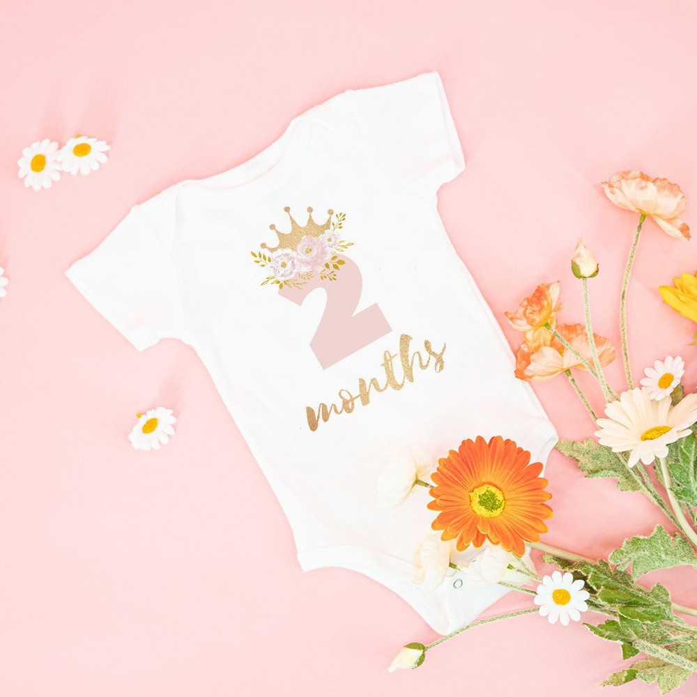 Blush và Vàng Hoa Công Chúa Hàng Tháng Onesie Sơ Sinh Bé Gái Cột Mốc Áo Liền Quần Dễ Thương Trẻ Sơ Sinh Bé Gái Jumpsuit Body GMAH