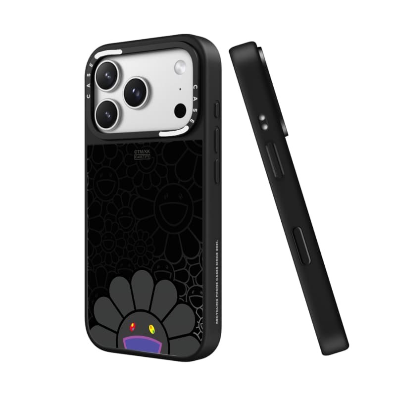 TAKASHI MURAKAMI x CASECASE: FLOWERS BLOOM SMILE (ĐEN) Gương đen & bạc Vỏ iPhone hút từ tính cho iPhone 17 Air 16 15 14 13 12 Pro Max Plus logo khắc