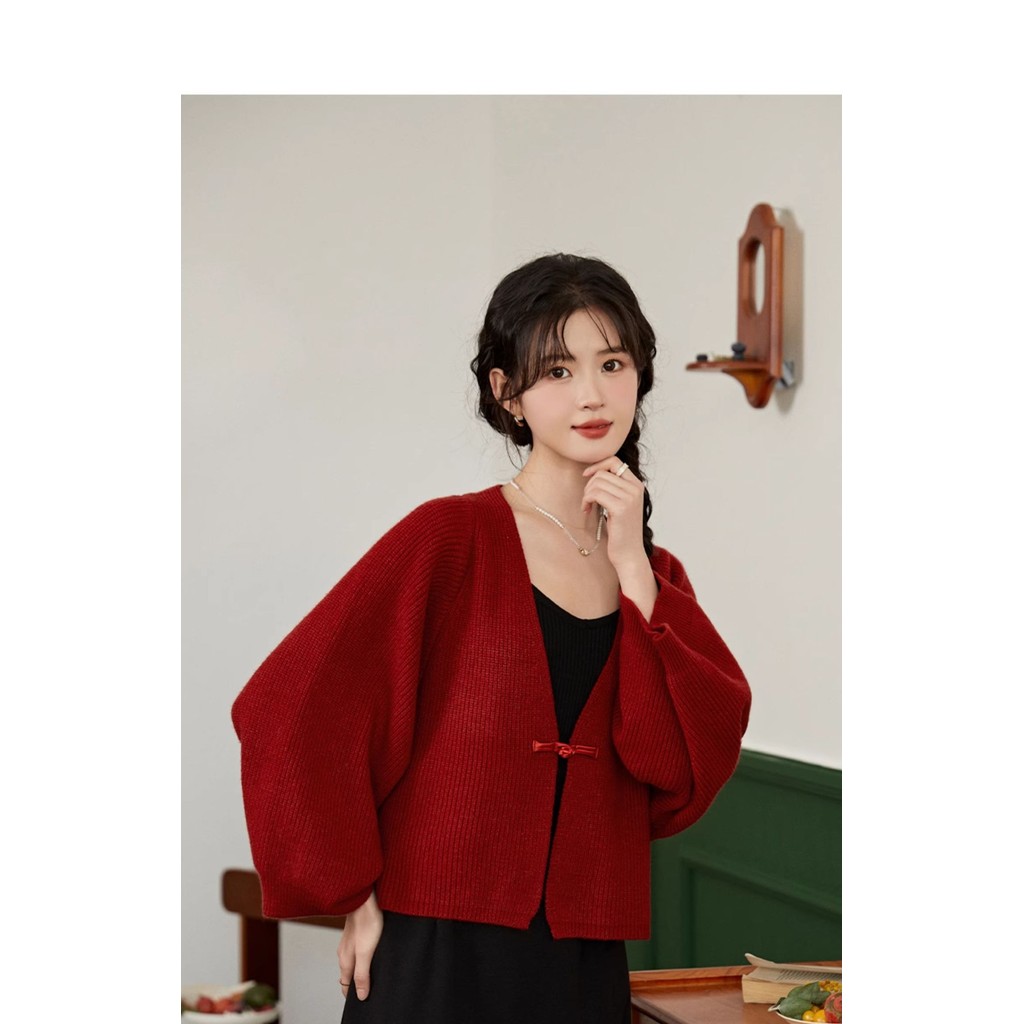 Mutu Mới Phong Cách Trung Hoa Khóa Phong Cách Trung Hoa Dệt Kim Cardigan Nữ Mùa Xuân 2026 Phong Cách Mới Màu Đỏ Dài Tay Áo Khoác Top