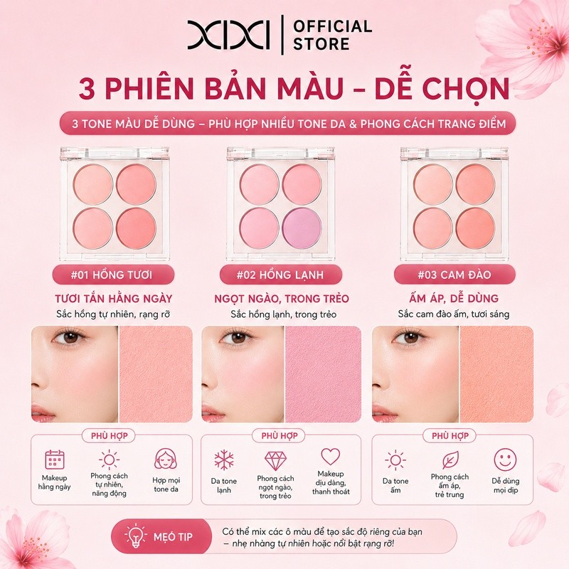 XIXI D674 Bảng Má Hồng 4 Ô Blush Tự Nhiên, Phấn Má Mịn Nhẹ Dễ Tán, Trang Điểm Má Hồng Trong Trẻo