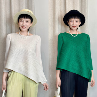 Miyake Chạy Bộ Phong Cách Xếp Ly Áo Thun 2025 Xuân Hè Mỏng Hơn Nhìn Sang Trọng Tất Cả Trận Đấu Đơn Giản Vát Bounce Ba Phần Tư Tay Nữ