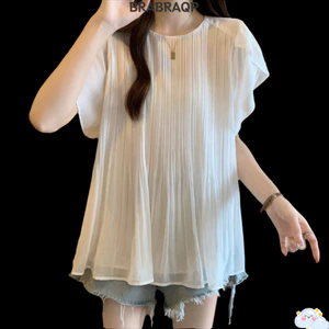 Áo sơ mi nữ BRABRAA, Áo voan ngắn tay, Áo voan cổ tròn dáng rộng vừa vặn chất lượng cao thông thường