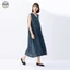 Phong cách Nhật Bản Muji / Đầm cổ chữ V không tay bằng vải lanh Cotton / Váy dài thẳng dáng rộng mát mẻ / Váy màu trơn đơn giản