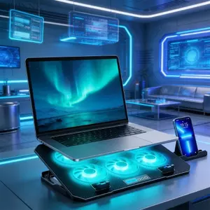 KIKIN LED Chơi Game Laptop Tấm Làm Mát Laptop Đế Làm Mát Quạt Ngoài Chiều Cao Có Thể Điều Chỉnh Chân Đế Với 2 Cổng USB Giữ Điện Thoại