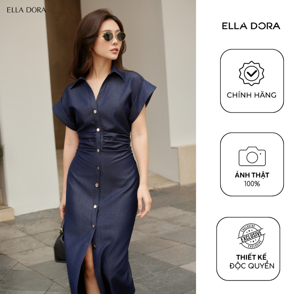 Đầm công sở nữ ELLA DORA form ôm dáng dài phối cúc đồng thanh lịch mặc hàng ngày màu XANH ĐẬM [D236]