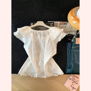 Áo Kiểu Hàn Quốc Cổ Tròn Viền Bèo Nhún Tay Cánh Tiên Form Rộng Cotton Mềm Thêu Hoa Phối Ren Dịu Dàng