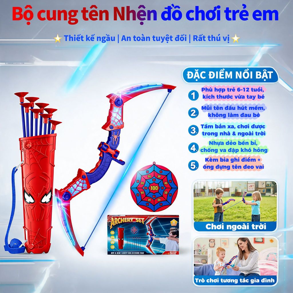 Bộ Cung Tên Người Nhện LED Phát Sáng Trọn Bộ 10 Món Đồ Chơi Ngoài Trời An Toàn Cho Bé Trai 3 Tuổi