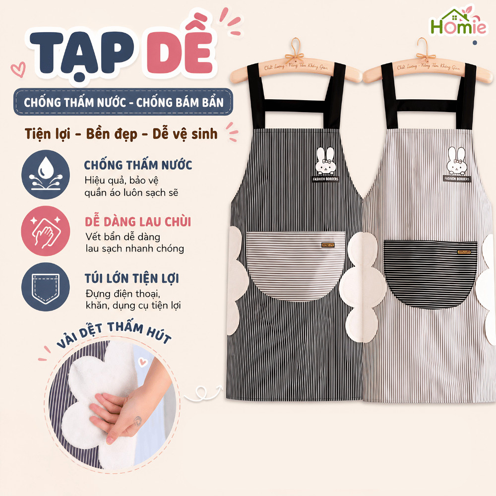 Tạp Dề Chống Thấm Nước, Thấm Dầu Có Túi Lớn Đựng Đồ, Tích Hợp Khăn Lau Tay Tiện Lợi HOMIE
