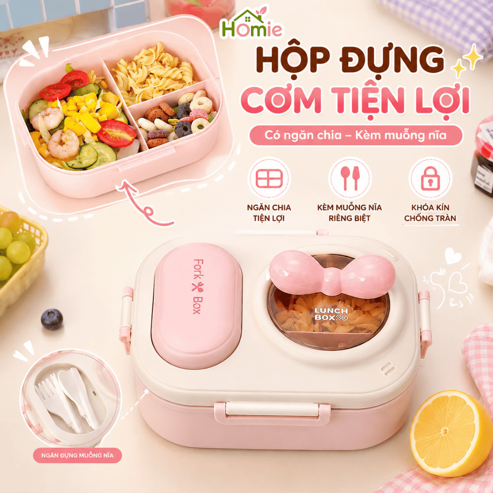 Hộp Đựng Cơm 3 Ngăn Kèm Muỗng Nĩa Tiện Lợi HOMIE Hộp Đựng Cơm Fork Box Dễ Thương Nắp Đậy Kín An Toàn