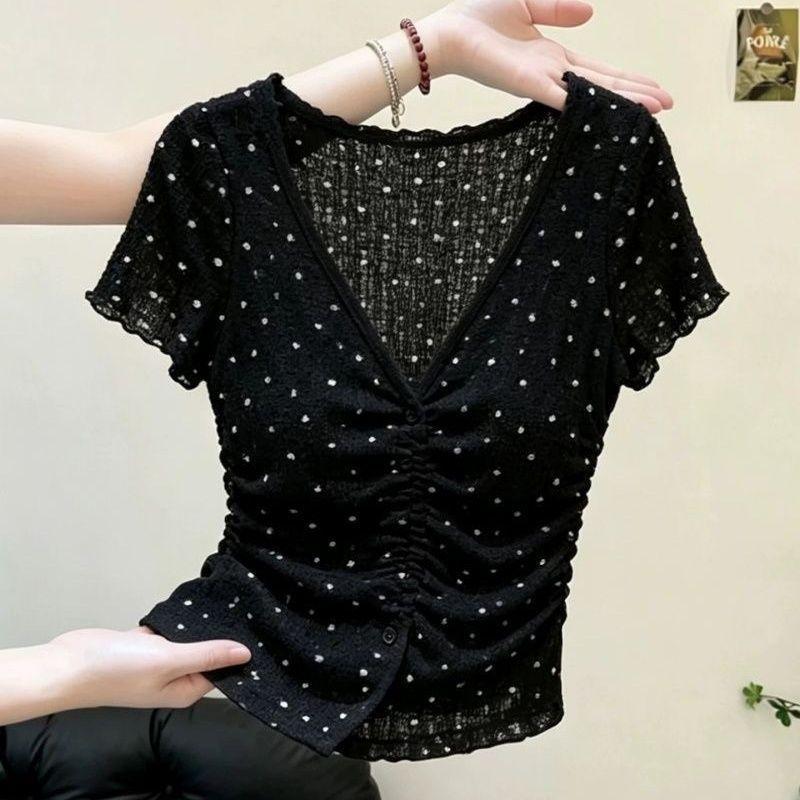 [Hàng mới về] Áo thun ngắn tay cổ chữ V chấm bi màu đen đẹp, phong cách phương Tây mùa hè màu đỏ