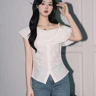 [Thời gian có hạn Seckill] Áo sơ mi đeo vai xù màu trắng có tính khí dành cho nữ sang trọng Slimmer Look Top Sản phẩm chính hãng siêu cổ tích