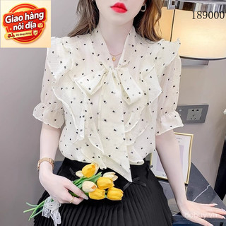 Giao hàng nội địa từ Việt Nam Pháp Nơ Xù Chấm Bi Áo Sơ Mi Nữ Mùa Hè Rời Tay Ngắn Voan Áo Thiết Kế Thời Trang Hàng Đầu