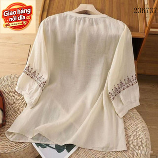 Giao hàng nội địa từ Việt Nam Áo sơ mi cotton lanh nửa tay dành cho phụ nữ với cổ đứng giả và thêu retro mỏng nhẹ