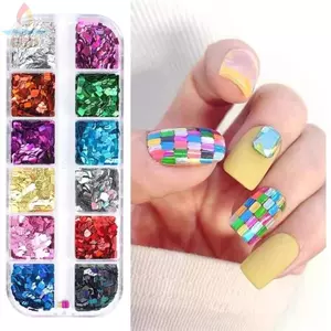 GILL Nail Art Sequins, 12 Lưới Laser Sáng Bóng Móng Tay Lấp Lánh Mảnh, Hình Chữ Nhật Hình Vuông Hình Ba Chiều Trang Trí Móng Tay Phụ Kiện Làm Móng Tay Pháp