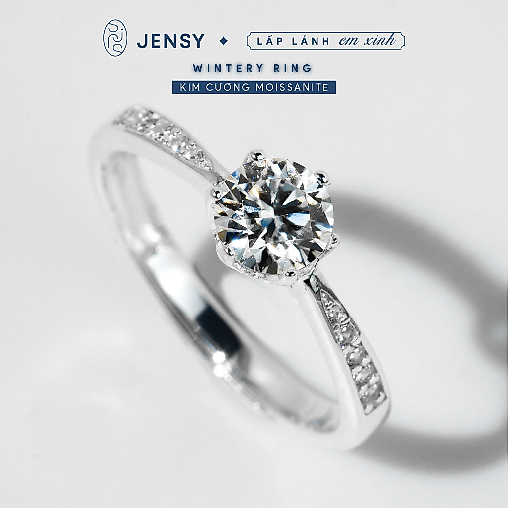 Nhẫn Bạc Gắn Kim Cương Moissanite Xi Bạch Kim, Kiểm Định GRA "Wintery" NLJB3. Nhẫn Bạc Nữ Cao Cấp