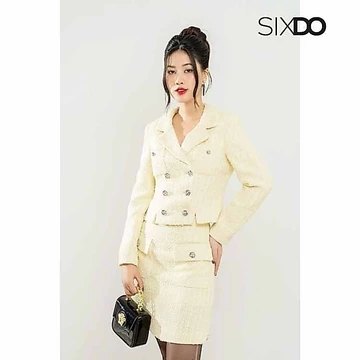 Chân váy ngắn dạ tweed phối túi SIXDO (Light Yellow A-line Mini Tweed Skirt)