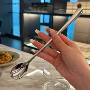 Thìa tròn bằng thép không gỉ Lưới vàng đỏ Bữa tối tay cầm dài Thìa tráng miệng cho phụ kiện nhà bếp Tiện ích [VN]