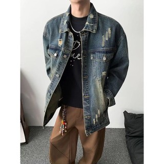 Áo khoác denim nam ESEA thiết kế rách hạng nặng, phong cách Mỹ, chất lượng cao.