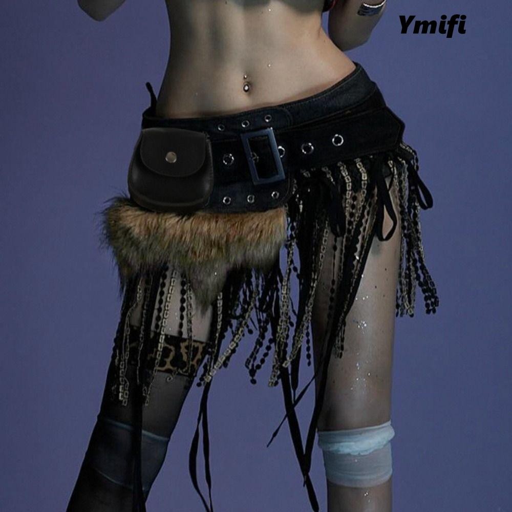 Thắt lưng túi mini YMIFI, lông thú giả sang trọng, thiết kế Gyaru Y2K dành cho bữa tiệc và câu lạc bộ