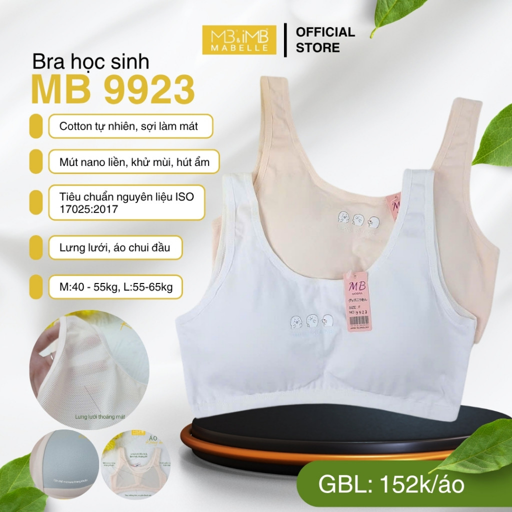 Áo lá học sinh cotton MB 9923 mút mỏng, lưng lưới, không gọng, co giãn 4 chiều, mềm mại