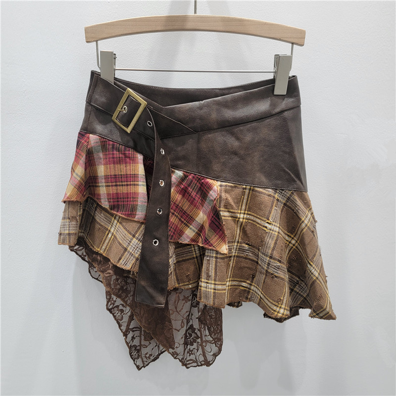Váy ngắn phong cách wasteland, chất liệu da PU ren caro retro