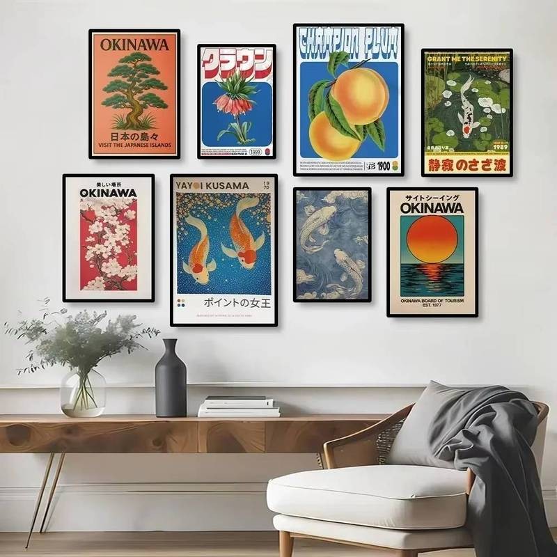 Poster Nhật Bản không khung, in cây liễu Nhật Bản, cá koi mèo đen và chín mạng, trang trí tường nghệ thuật phòng khách hiện đại