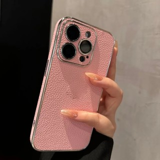 Phim bảo vệ ống kính Mạ vải thiều Họa tiết da Vỏ điện thoại cho iPhone 16Promax 16Pro 12 13 14 15 Pro Max Chống sốc Chống bụi bẩn Nam Nữ Vỏ di động
