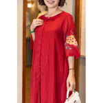 M COLLECTION | Váy Đầm Suông Nữ Trung Niên Tặng Mẹ Tơ 2 Lớp Xẻ Tà Cài Nút Bọc Tay Lỡ Thêu Hoa D12779 — ảnh 8