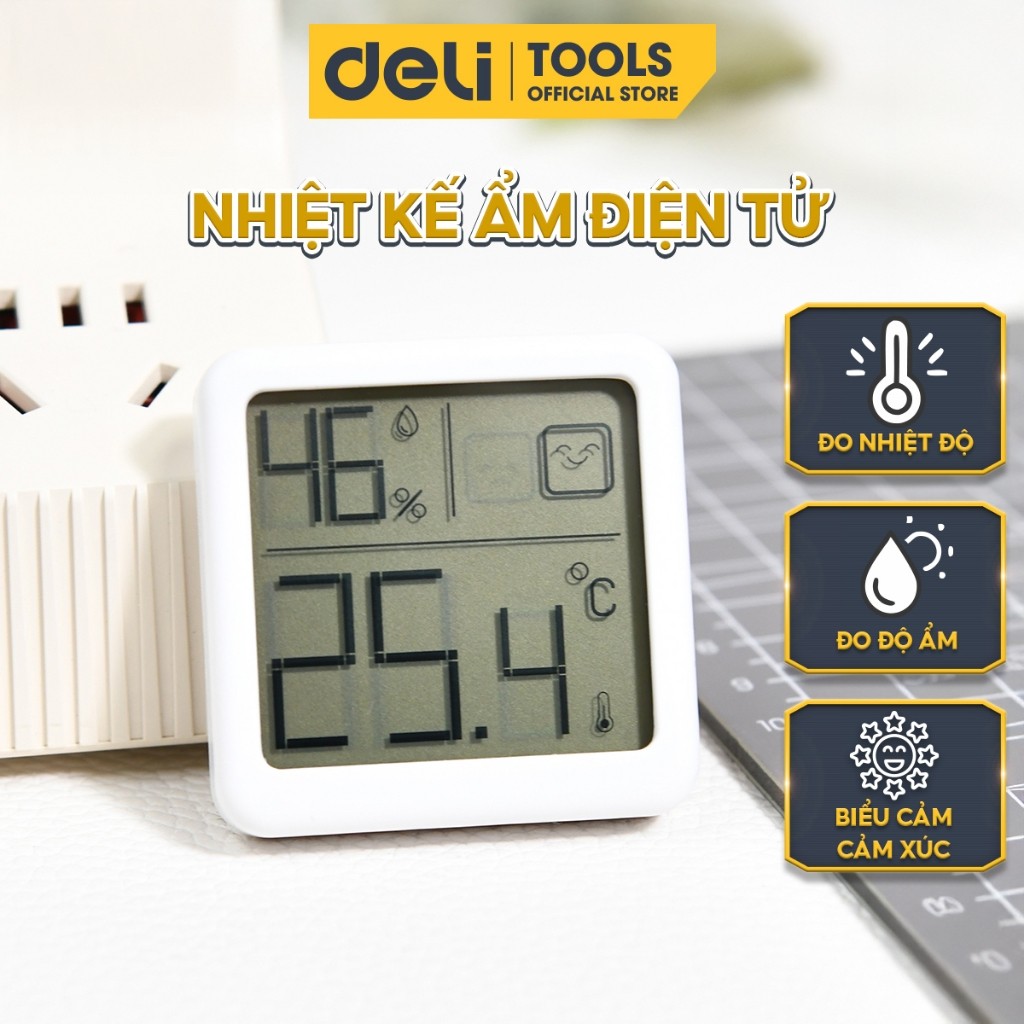 Nhiệt ẩm kế điện tử Deli - Đo nhiệt độ độ ẩm nhỏ gọn xinh xắn có biểu tượng cảm xúc