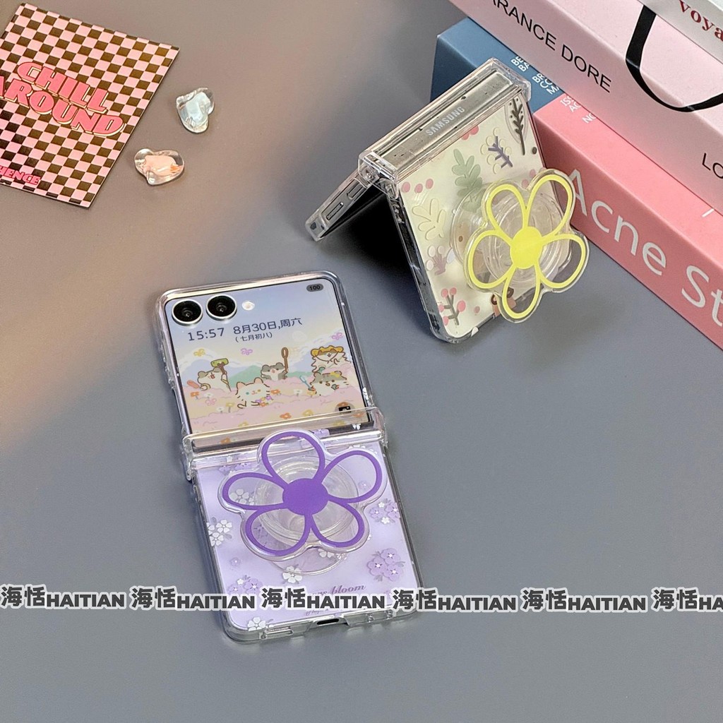Thích Hợp Cho Samsung Galaxy ZFlip7 Thời Trang Màu Tím Trong Suốt Hoa Giá Đỡ Ốp Lưng Điện Thoại ZFlip5 Zflip6 Dây Gấp Vỏ Cho Zflip 7 5 6 4 5G Vỏ Bảo Vệ