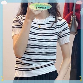 ZMONH Mùa Hè Mới Thời Trang Sọc Tay Ngắn Màu Trơn Đa Năng Giảm Tuổi Giảm Béo Dệt Kim Top Áo Thun