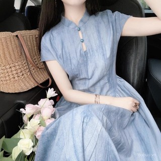 Đầm sườn xám kẹp eo rỗng phong cách Trung Quốc mới