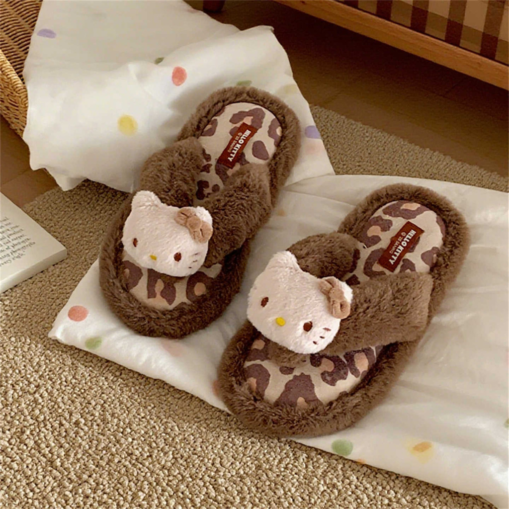 XIXITIAO Dép Cotton Đế Mềm Độc Đáo Da Báo In Mèo Con Nữ Thu Đông Nhà Mặc Ngoài Trời