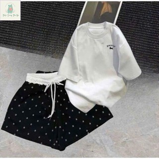 sét bộ quần ĐÙI cộc CHỮ A cạp chun màu trắng +mix áo phông -chữ B L A C K CÁT in ở ngực -