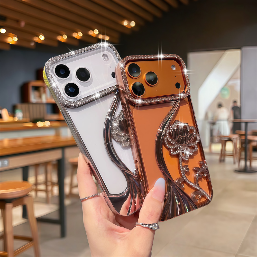 Ốp Điện Thoại Sen Kim Cương Lấp Lánh Sang Trọng Cho iPhone 17 Pro Max Air 16 12 13 14 15 Pro Max 16 plus Ống Kính Bảo Vệ Camera Vỏ Chống Sốc Vỏ Mềm TPU Vỏ Bảo Vệ Điện Thoại