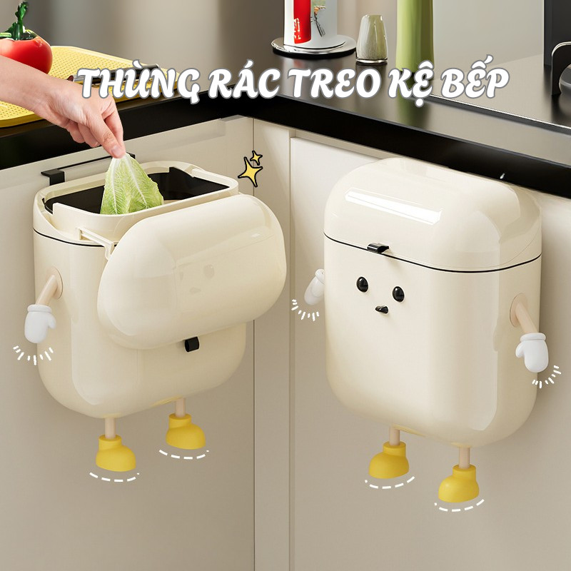 Thùng Rác Treo Tủ Bếp Dung Tích 12L, Thùng Rác Treo Tường Nhà Tắm Nắp Lật Thông Minh DINO, Họa Tiết Dễ Thương