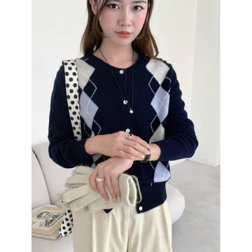 Áo len cổ tròn cho phụ nữ, áo cardigan kim cương intarsia màu sắc, áo cardigan đan cho phụ nữ, áo mùa thu và đông