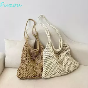 Túi Tote Dệt FUJIOU, Túi Đeo Vai Lưới Thiết Kế Rỗng Dung Tích Lớn, Thiết Kế Thời Trang Dây Cotton Thoáng Khí Màu Trơn Móc Lưới Túi Xách Mặc Thường Ngày