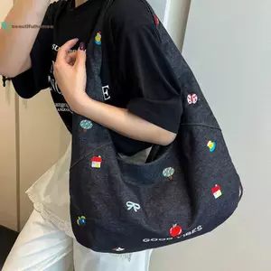 BeautifulHomeA Hàn Quốc Thêu Denim Túi Tote Nữ Mới Sle Lớn Điện Dung Denim Oulder Túi Đeo Ngang Túi Tote VN