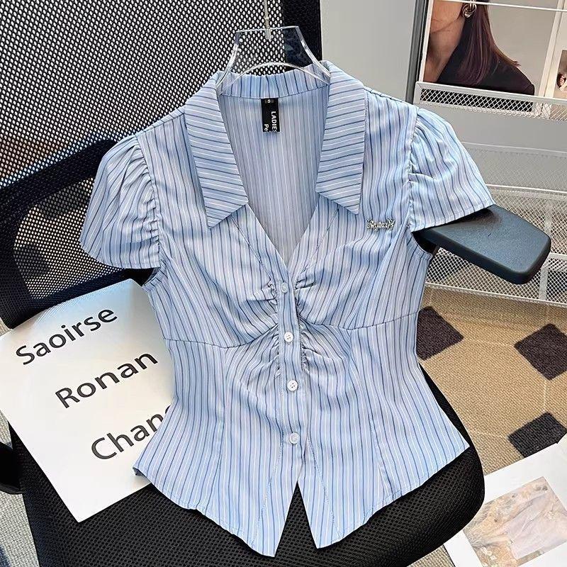 [Ưu đãi đặc biệt trong thời gian có hạn] Áo sơ mi thiết kế ngắn tay polo sọc phong cách Preppy xếp ly mùa hè Phong cách mới Sweet Spicy All-Match Top