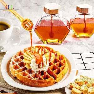 HL Lục Giác Thủy Tinh Mật Ong Chai Với Gỗ Mật Ong Nồi Khuấy Thanh Niêm Phong Rõ Ràng Mứt Jar Nhà Bếp Lưu Trữ Nhà 100ML / 220ML / 380ML LMWU
