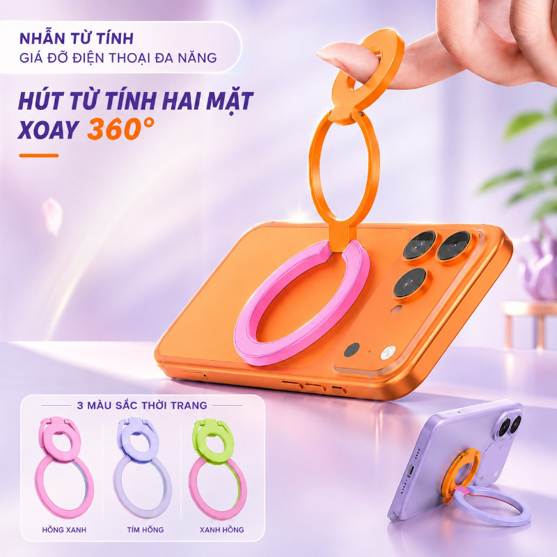 Giá Đỡ Nhẫn Điện Thoại Từ Tính Kép,Khối Màu Dopamine,Chân Đế Gập Chắc Chắn,Dùng cho iPhone và Android