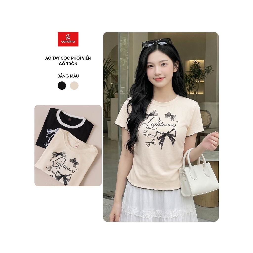 Áo thun nữ CARDINA chất liệu thun Zip tay cộc cổ tròn phối viền 6ATC12