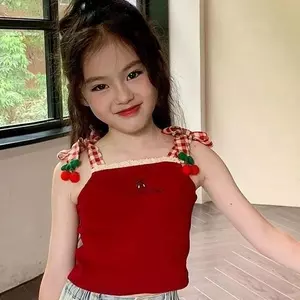 Bé gái (120-160) Mùa hè Phong cách mới dệt kim ngắn thêu Áo khoác ngoài phong cách phương Tây Áo Vest đỏ