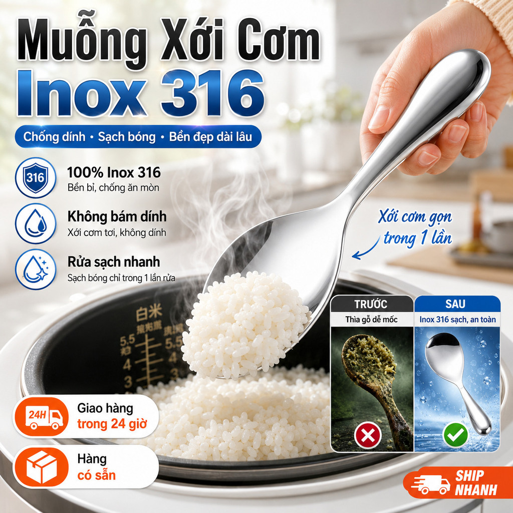 ⚡Ship Nhanh⚡Muỗng cơm inox 316 chống dính | Muỗng xới cơm lớn chống dính bếp | Muỗng lọc dầu hiệu quả chống dính