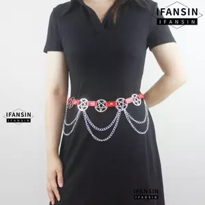 Thắt lưng FINANSIN, Thiết kế sang trọng Dây chuyền tua rua nhiều lớp Dây chuyền kim loại Pentagram, Thương hiệu hợp thời trang Y2K Punk Hollow Star Dây đeo thắt lưng bằng da PU