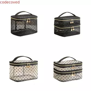 Túi trang điểm tình yêu bằng lưới CODECOVED, Hộp đựng mỹ phẩm dung tích lớn hai / một lớp, tiện lợi khi mang theo Túi đựng đồ vệ sinh nữ in hình trái tim đen trong suốt