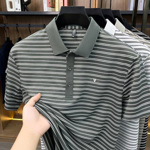 Áo sơ mi Polo ngắn tay nam mùa hè dáng rộng thời trang sọc cổ tròn